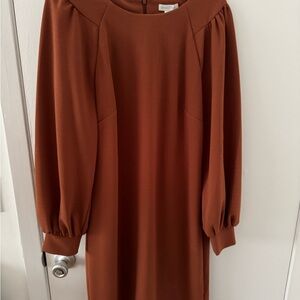 London Times Brown Pleated Sheath Dress with Bishop Sleeves